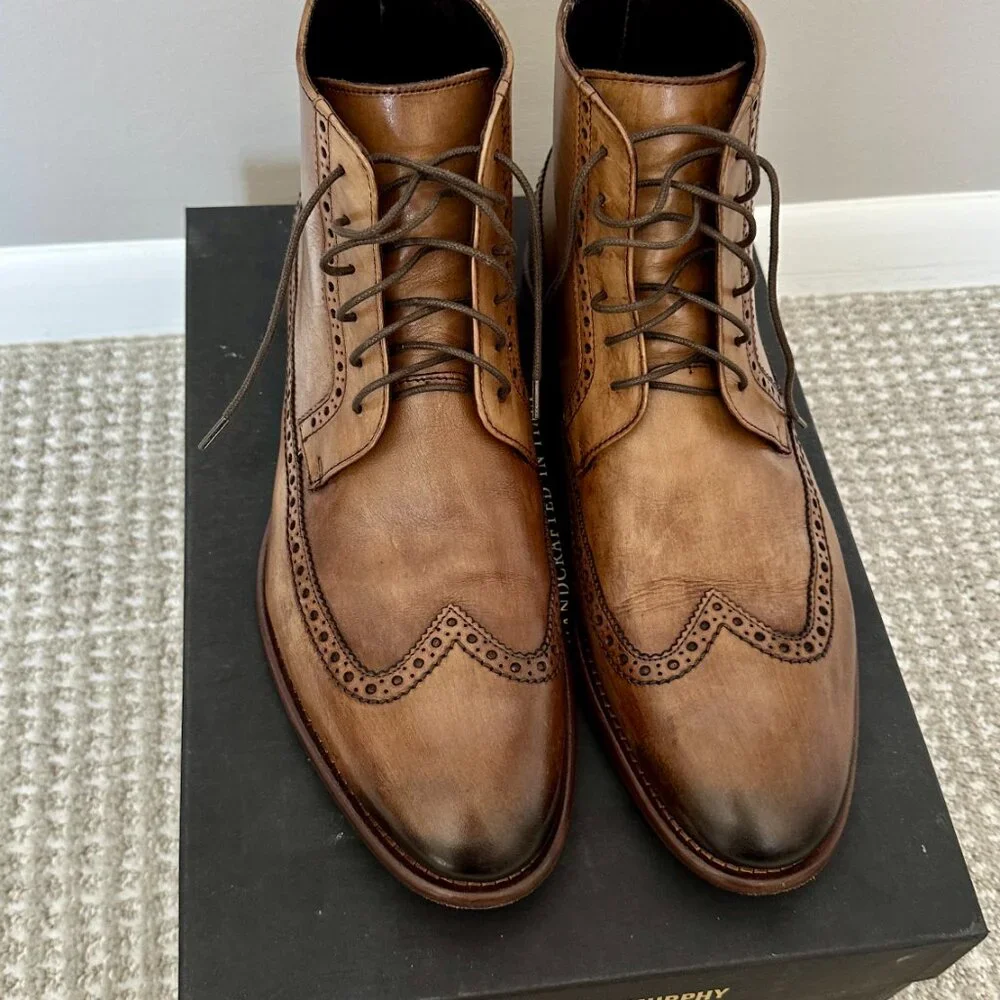 Johnston and Murphy Cartwright Wingtip Boot Size 10.5 Brown Italian Calfskin - Picture 3 of 6